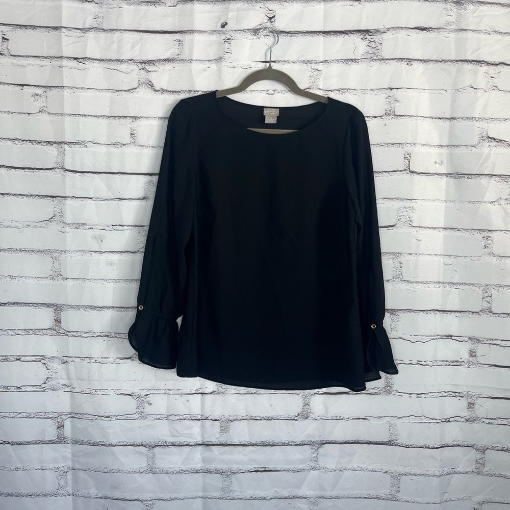 Chico’s Black Button Cuff Blouse Long Sleeve Women’s 4/6 Office Top Preppy Y2K